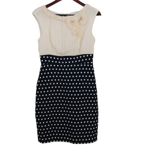 Suzi Chin for Maggy Boutique Size 6 Polka Dot Navy Cream Shift Dress Silk Blend.